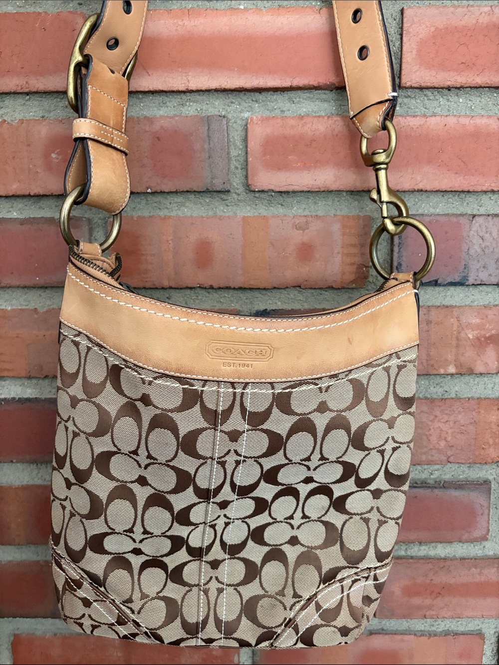 COACH signature 2way Shoulder Bag jacquard hobo vintage tan brown Leather Latte